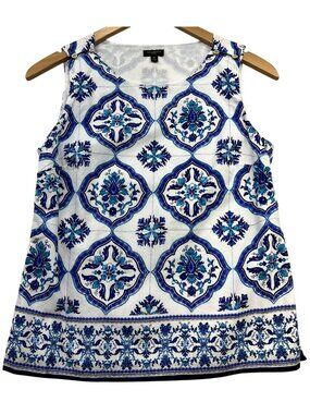 Talbots Women's Cotton Tank Top Sleeveless Lightweight Size 4P White Blue Floral